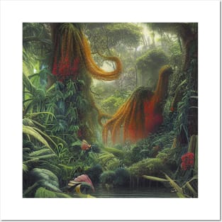 Digital Painting of a Beautiful Jungle With Tropical Leaves and Lake Posters and Art